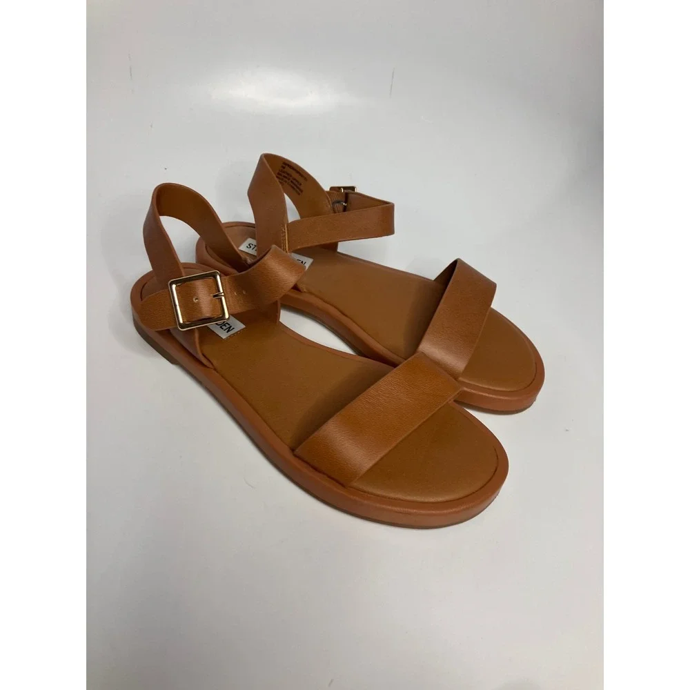 Steve Madden Ripken Sandals Womens 7M Brown Excellent Leather Ankle Strap Flat